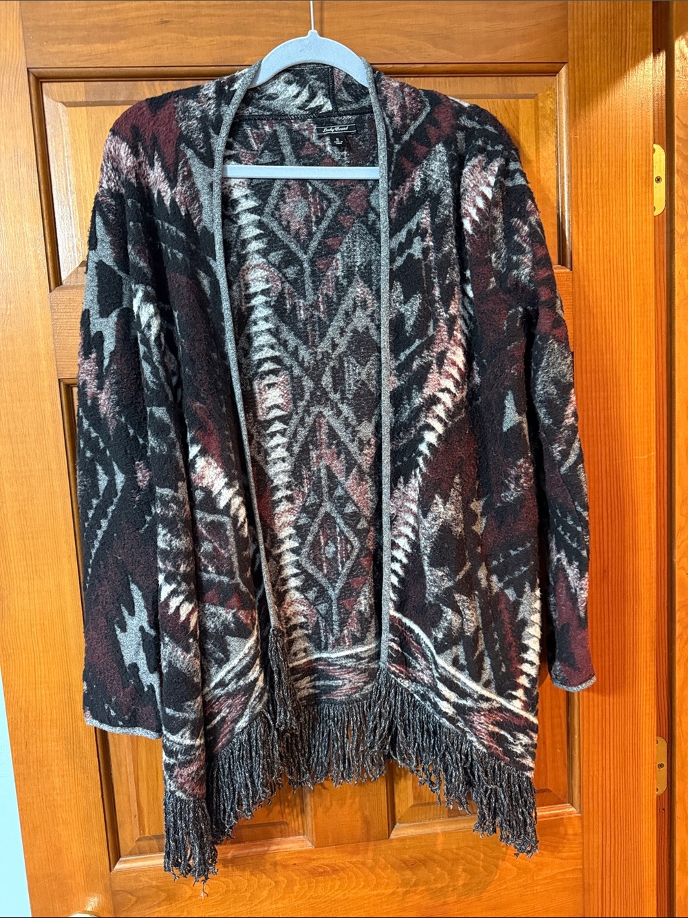 Lucky Brand Aztec Fringe Open Cardigan - Black, Burgundy, Gray